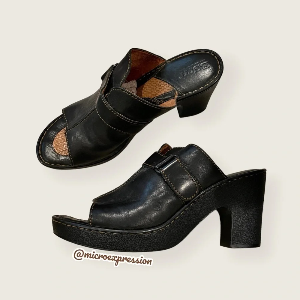 Born Black Real Leather Platform Mules Clogs Buckle Everyday Fashion Cute Heels - Picture 2 of 10